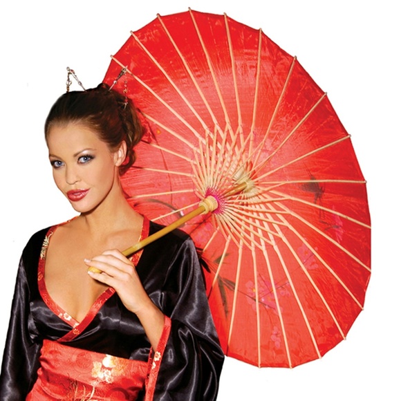 Red Parasol Costume Umbrella with Wooden Handle - Picture 1 of 1